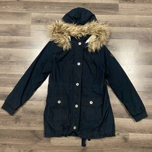 Vintage Y2K Hollister Heritage Parka Jacket Womens Large Faux Fur Hood Navy Blue
